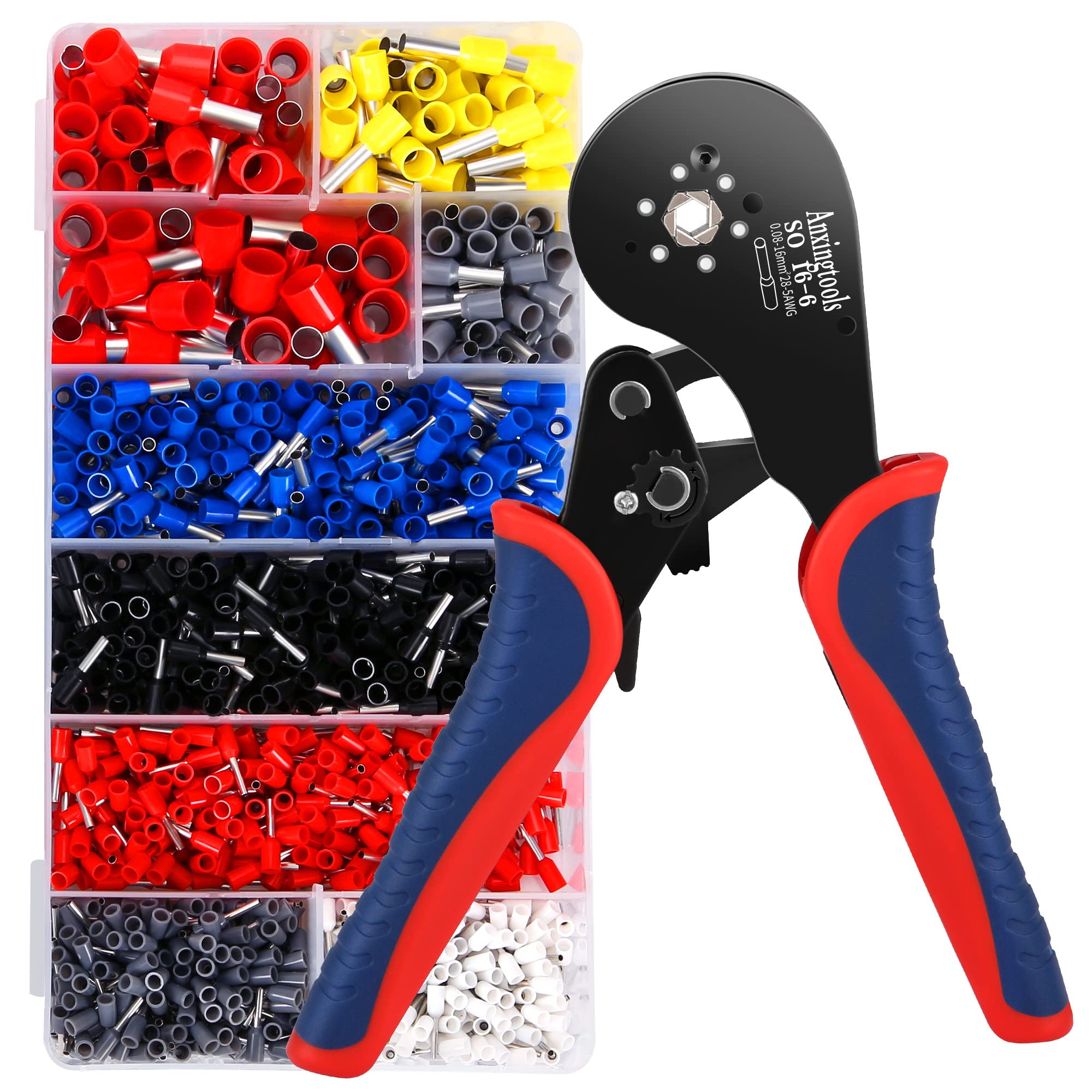 Ferrule Crimping Tool Kit, Anxingtools Self-Adjusting Hexagonal Wire Crimper Plier for 0.08-16mm²with 1200PCS Red Copper Wire End Terminals, Ratchet Wire Crimping Tool-Wire End Ferrules