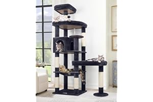 Globlazer Extra Large Platform Cat Tree, 65in Sturdy Cat Scratching Tree for Indoor Cats Large Adult, Big Cat Perch Tower with 3 Padded Perches, 6 Scratching Posts, Cat Condo, Hammock, S65, Dark Grey