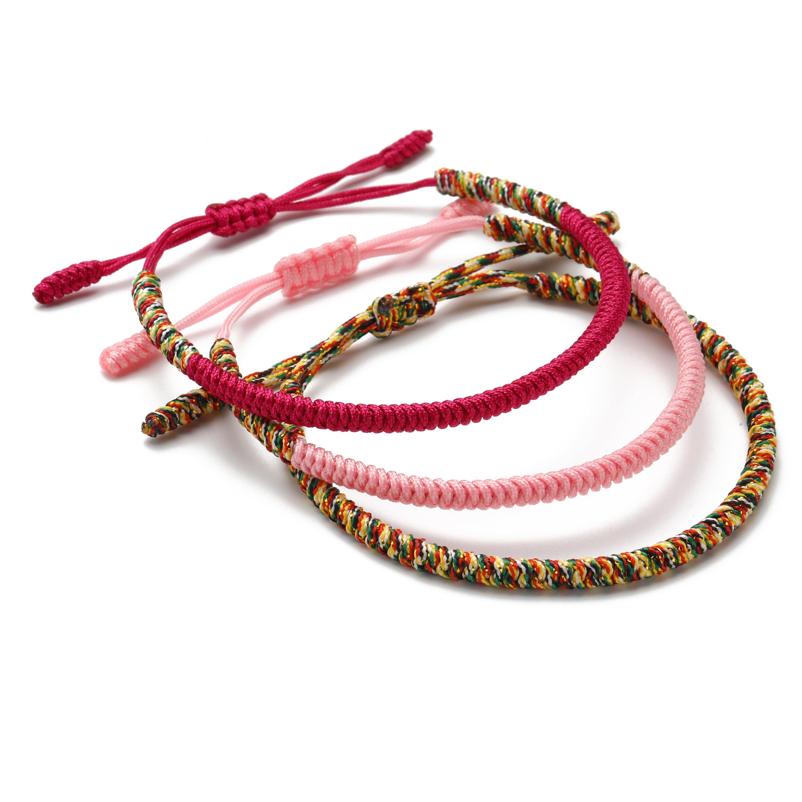 LUCKY BUDDHIST - Handmade Bracelets + Buddhist Gift! Tibetan Good Luck String Armbands. for Women Men Teens. Adjustable Size! Friendship Present. Handcrafted Rope Wristbands. Pink, Purple, Multi Gold