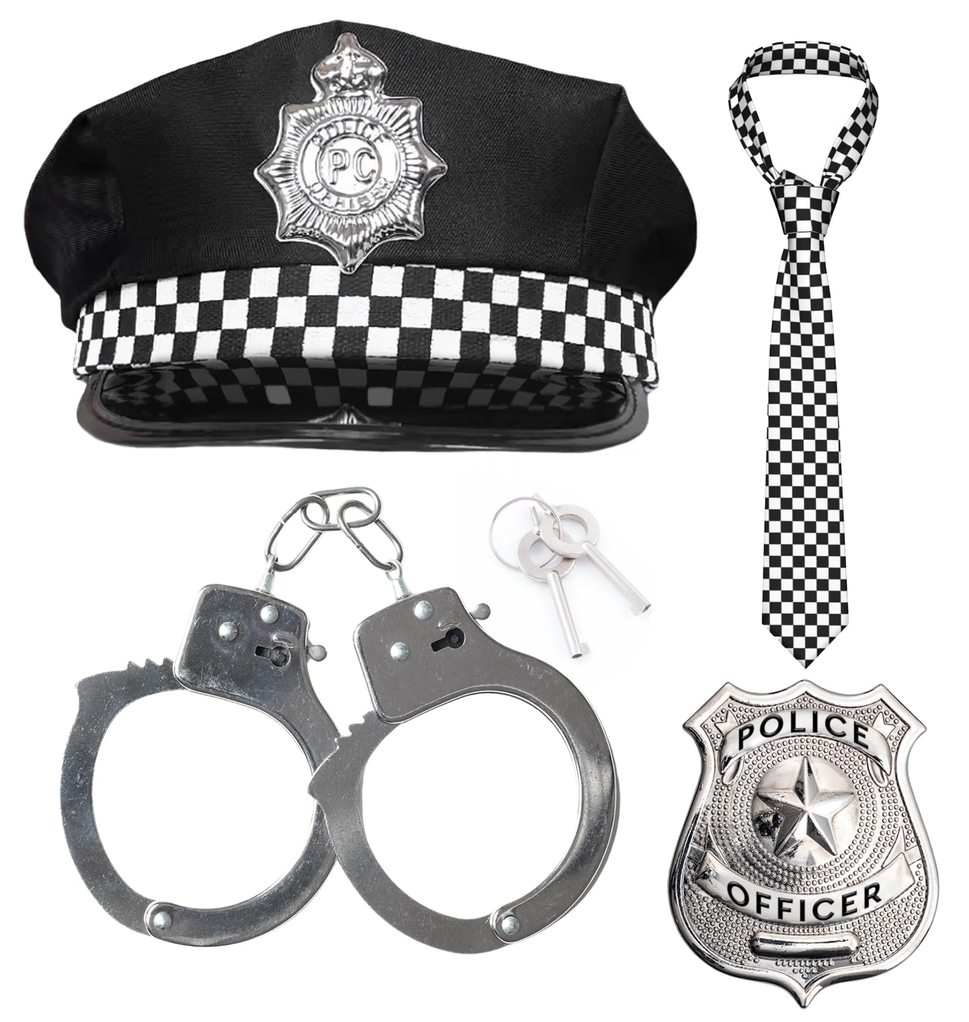 4pc Adults Police Costume Accessories Including Policeman Hat, Checked Fancy Dress Tie, Metal Handcuffs and Police Badge for Halloween Cop Outfit Men and Womens Fancy Dress Costumes