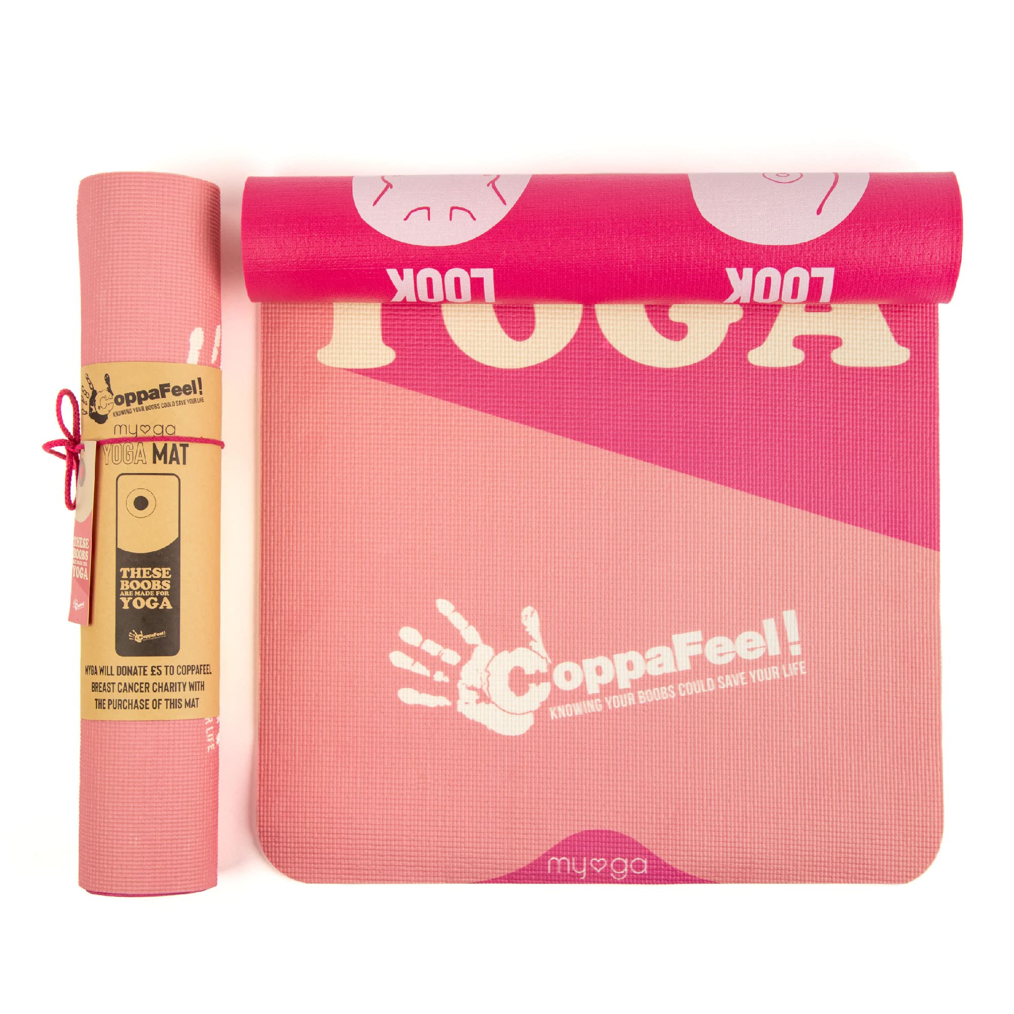 Myga Yoga Mat - CoppaFeel! Exercise Mat for Yoga, Pilates, Gymnastics & Fitness - Non-Slip Multipurpose Mat for Breast Cancer Charity with Carry Strap - 183cm x 61cm x 6mm - These Breasts