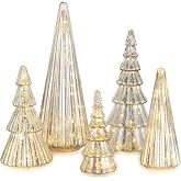 Glasseam Glass Christmas Tree Silver: 5 Pcs Mercury Christmas Decorations | Tabletop Xmas Led Lighted Trees with Timer, Indoo