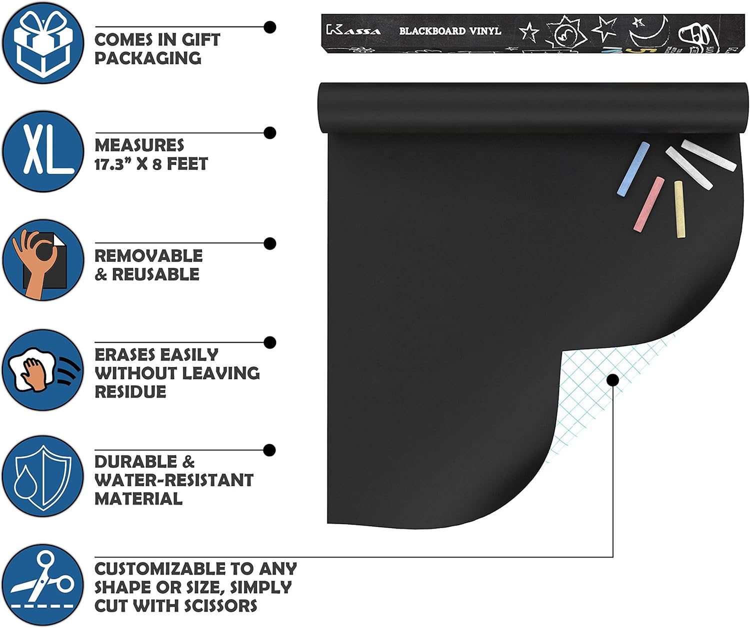 Kassa Large Chalkboard Contact Paper Roll - 17.3” x 96” (8 Feet) - 5 Chalks Included - Chalk Board Paint Alternative Wallpaper - Adhesive Blackboard Wall Decal Vinyl - Black Chalkboard Stickers: Home & Kitchen