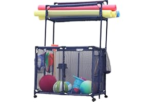 Essentially Yours Pool Noodles Holder, Toys, Floats, Balls, Equipment Mesh Rolling Double Decker Storage Organizer Bin, Large with Noodle Holder, (35.3" W x 23" L x 59.4" H), Blue Style 561935