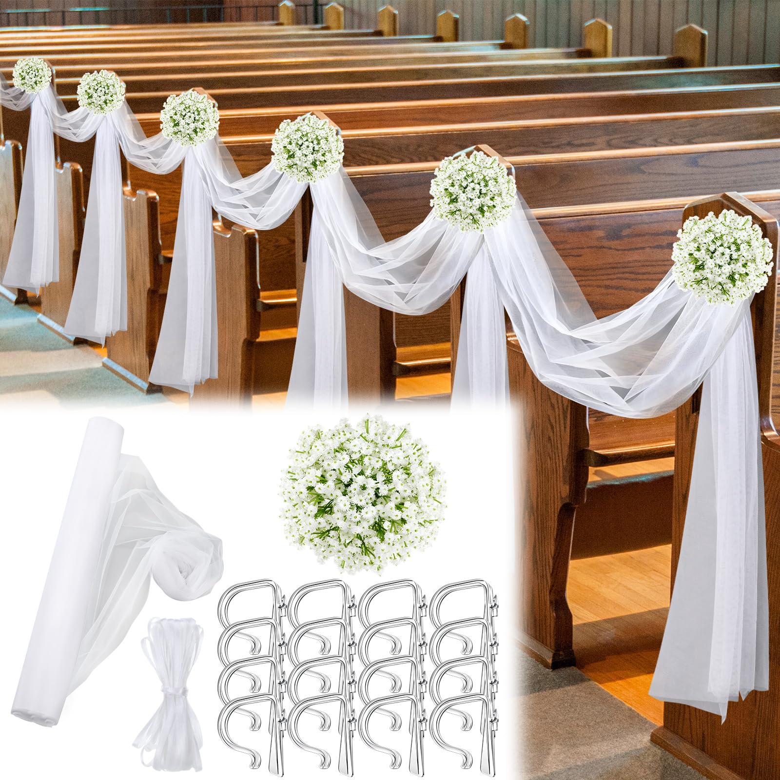 Photo 1 of Riceshoot 34 Pcs Church Pew Wedding Decorations White Fabric Tulle Silk Flower Pew Clips Wedding Aisle Decor for Church Ceremony Banquet Party Reception(White)