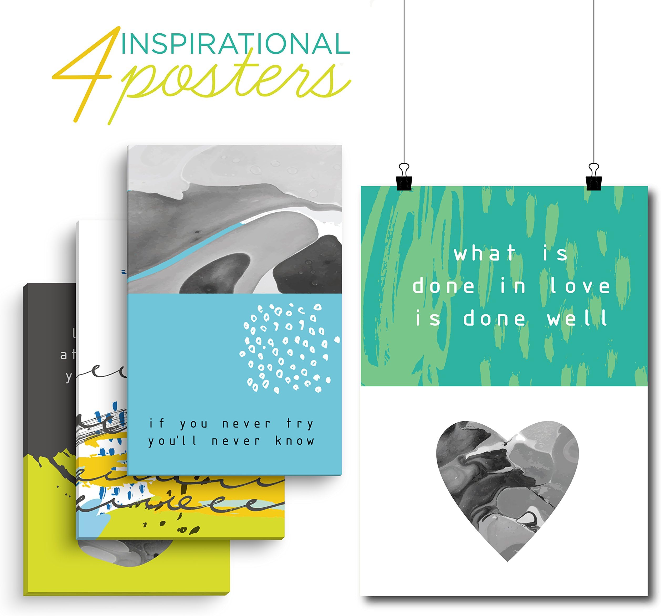 THE PERFECT INSPIRATIONAL POSTERS - Art Posters, Motivational Quotes, Words For Inspiration And Positive Minds With Mounted Tapes included, 4 Set Inspirational Posters, 11x17Inches With Mounting Pads!
