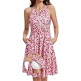 JOYSHAPER Built in Bra Summer Dress Casual Beach Sundress Flowy Halter Dress with Pockets