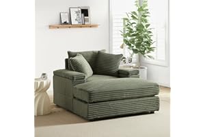 JEEOHEY Oversized Cozy Chaise Lounge Chair Indoor with Ottoman,44" W Corduroy Upholstered Comfy Sofa,Modern Fluffy Deep Seat Couch,Leisure Sleeper Sofa Reading Armchair for Living Room,Bedroom,Office,Green