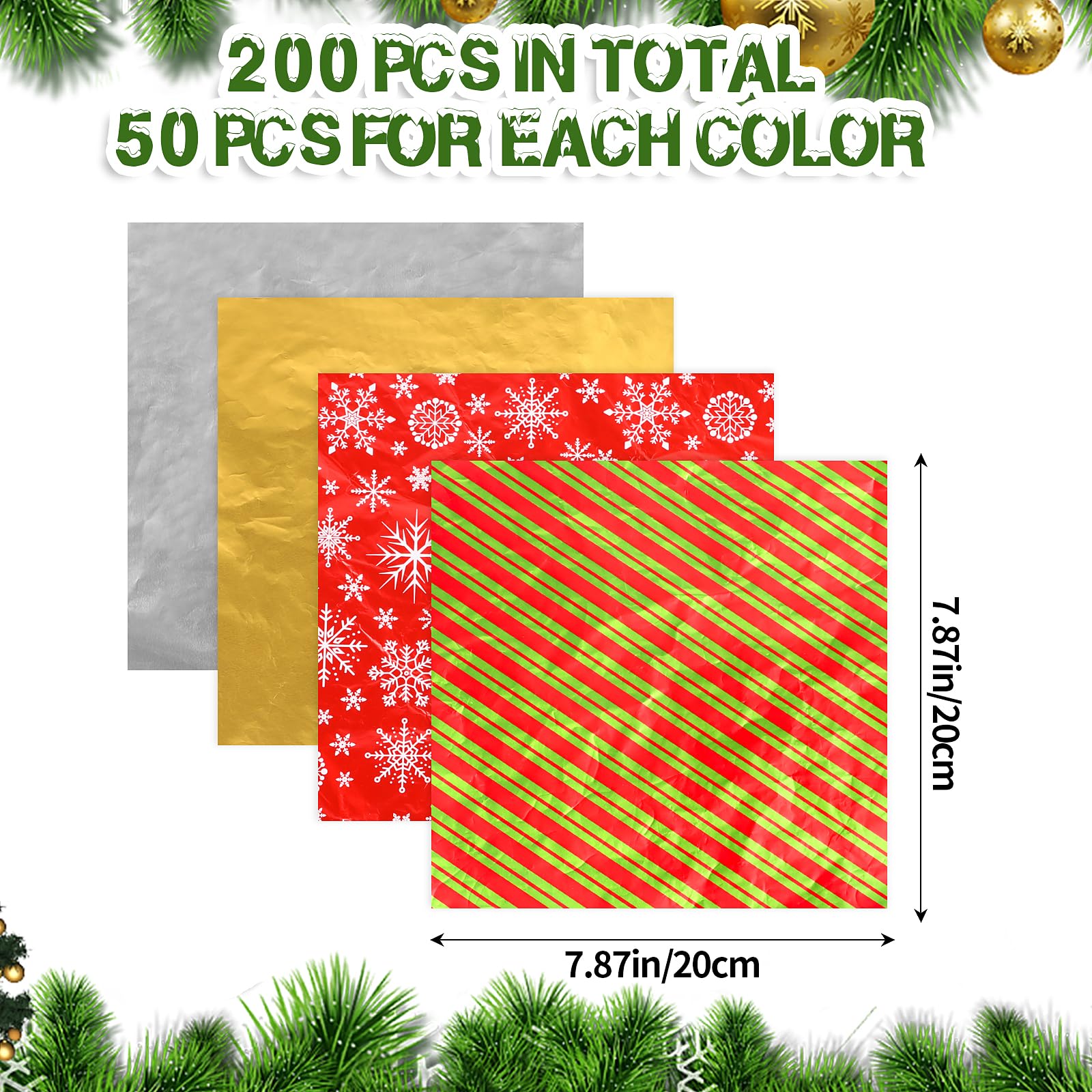 FOIMAS Christmas Foil Candy Wrappers, 200 PCS Christmas candy wrappers Aluminum Tin 8 x 8 Inches Chocolate Bar for Xmas Wedding Birthday Homemade Candy Caramels Packaging Wrapping Party Favors