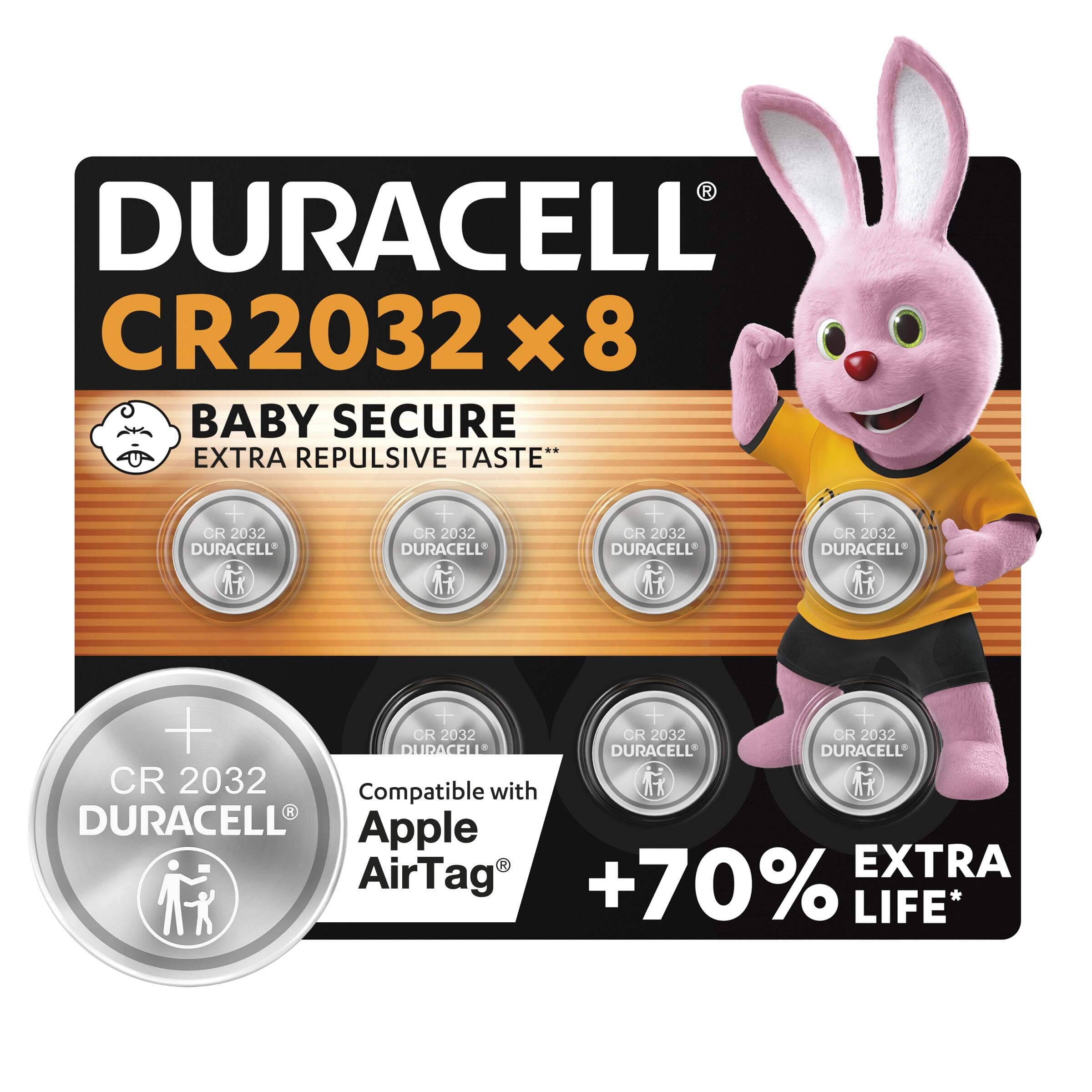 Duracell CR2032 Lithium Coin Batteries 3V (8 Pack) - Up to 70% Extra Life* - Baby Secure Technology & Packaging – For Apple AirTags, Key Fobs, Home Devices, Fitness and Medical Accessories