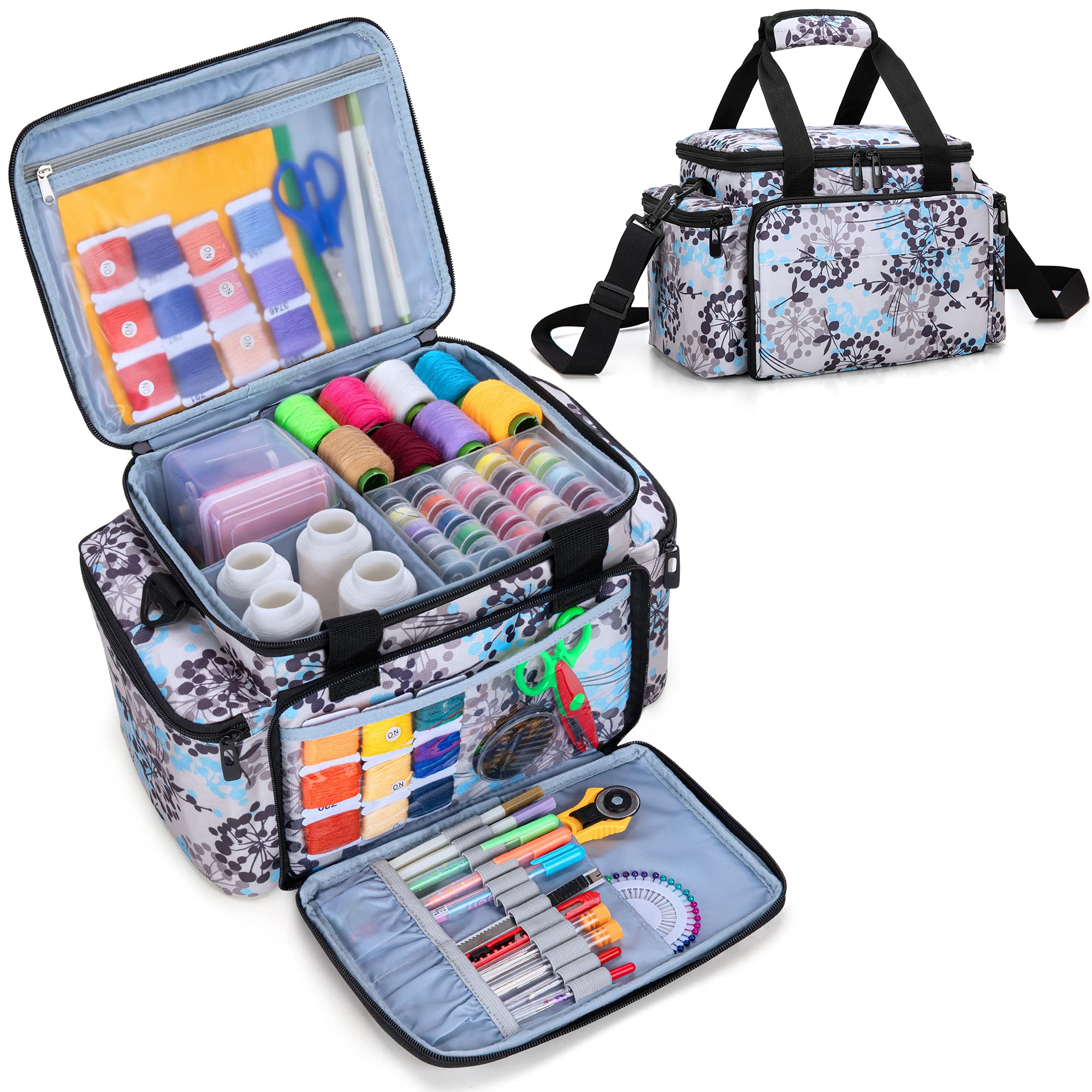 CURMIO Sewing Accessories Organiser, Large Sewing Supplies Storage Bag with Shoulder Strap for Spool Thread, Scissor and Sewing Needles, Dandelion (Bag Only)