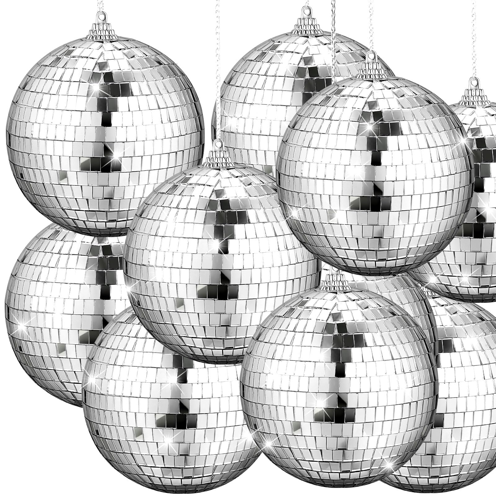 Photo 1 of Yookeer 12 Pack 4 Inch Mirror Disco Ball Decorations Small Silver Hanging Ornaments Reflective with Attached String for Ring DJ Stage Lighting Effect for School Festival Fun 50s 60s 70s Party Decor