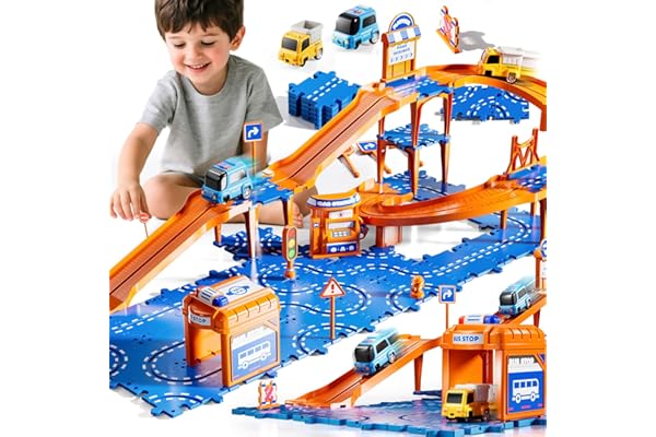 KIZONLY Puzzle Racer Kids Car Track Set, 4-Tier Race Tracks for Kids Ages 3-5 with 3 Cars, Traffic Parts, Trucks for Toddlers