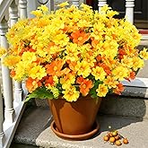 Uieke Artificial Fake Flowers, 6 Bundles Daisy Mums Flowers Outdoor UV Resistant No Fade Greenery Shrubs Plants Indoor Outside Hanging Planter Home Wedding DIY Garden Porch Décor (Orange Yellow)