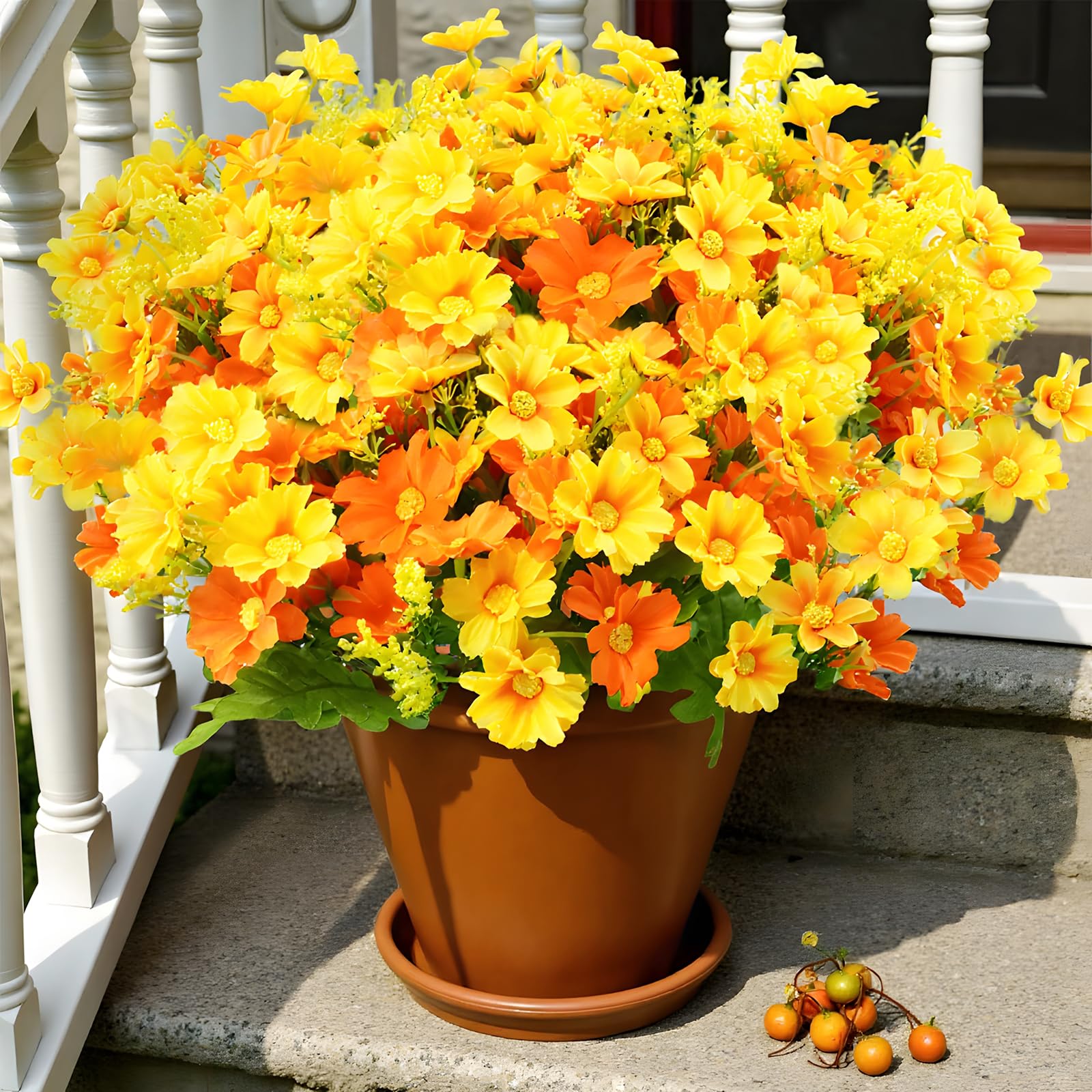 Artificial Fake Flowers, 6 Bundles Daisy Mums Flowers Outdoor UV Resistant No Fade Greenery Shrubs Plants Indoor Outside Hanging Planter Home Wedding Office DIY Garden Porch Décor (Orange Yellow)