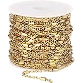 33FT 18K Gold PVD Plated Cable Chain Roll 2mm Stainless Steel Tube Bar Link Chains Spool Bulk for Jewelry Making