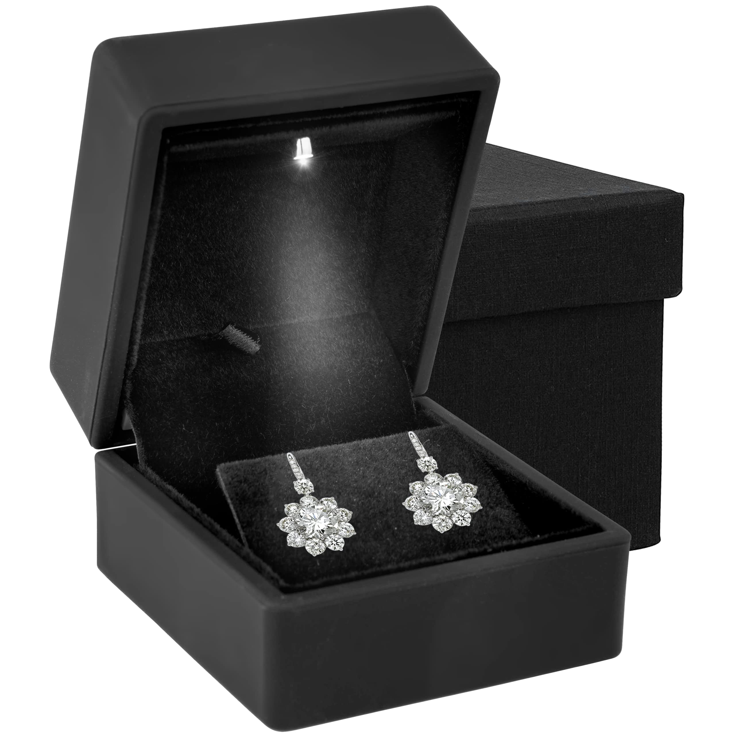 Noble Earring Box with LED Light - Unique Jewelry Display Gift Box with Velvet Interior (Black)