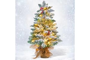 NOICLUB Small Mini Table top Flocked Christmas Tree with 50 LED Lights 24 Inch /2FT Little Prelit Christmas Tree Decorated Gift Boxes and Hanging Ornaments for DIY Christmas Decoration