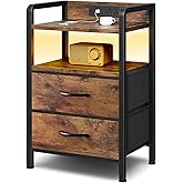 Lazzanto Night Stand Bedside Table Bedroom - Nightstand with Charging Station, Night Stand with LED Light Strip, End Table with U-S-B Ports & AC Outlets, Storage Shelf & 2 Fabric Drawers, Rustic Brown
