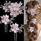 3 PCS Large Flower Bridal Wedding Hair Pins Crystal Pearl Hair Clips Headpiece Bride Hair Accessories Jewelry with Rhinestone, Glitter Emboss Pink Flower