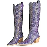 Gothictor Sparkly Cowgirl Boots for Women Chunky Heel Pointed Toe Knee High Western Cowboy Boots Side Zipper Wedding Party Evening Glitter Dress Shoes