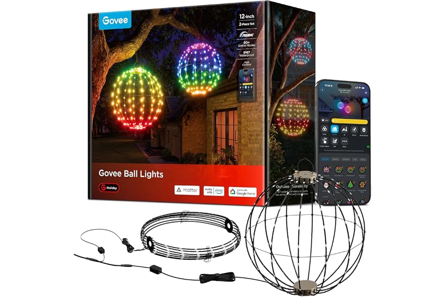 Govee Ball Lights, 12-Inch RGBIC Halloween Ball Lights, 2 Pack | IP67, Holiday Decor, Foldable, 80+ modes, DIY, smart control, works with Matter, Alexa, Google Assistant