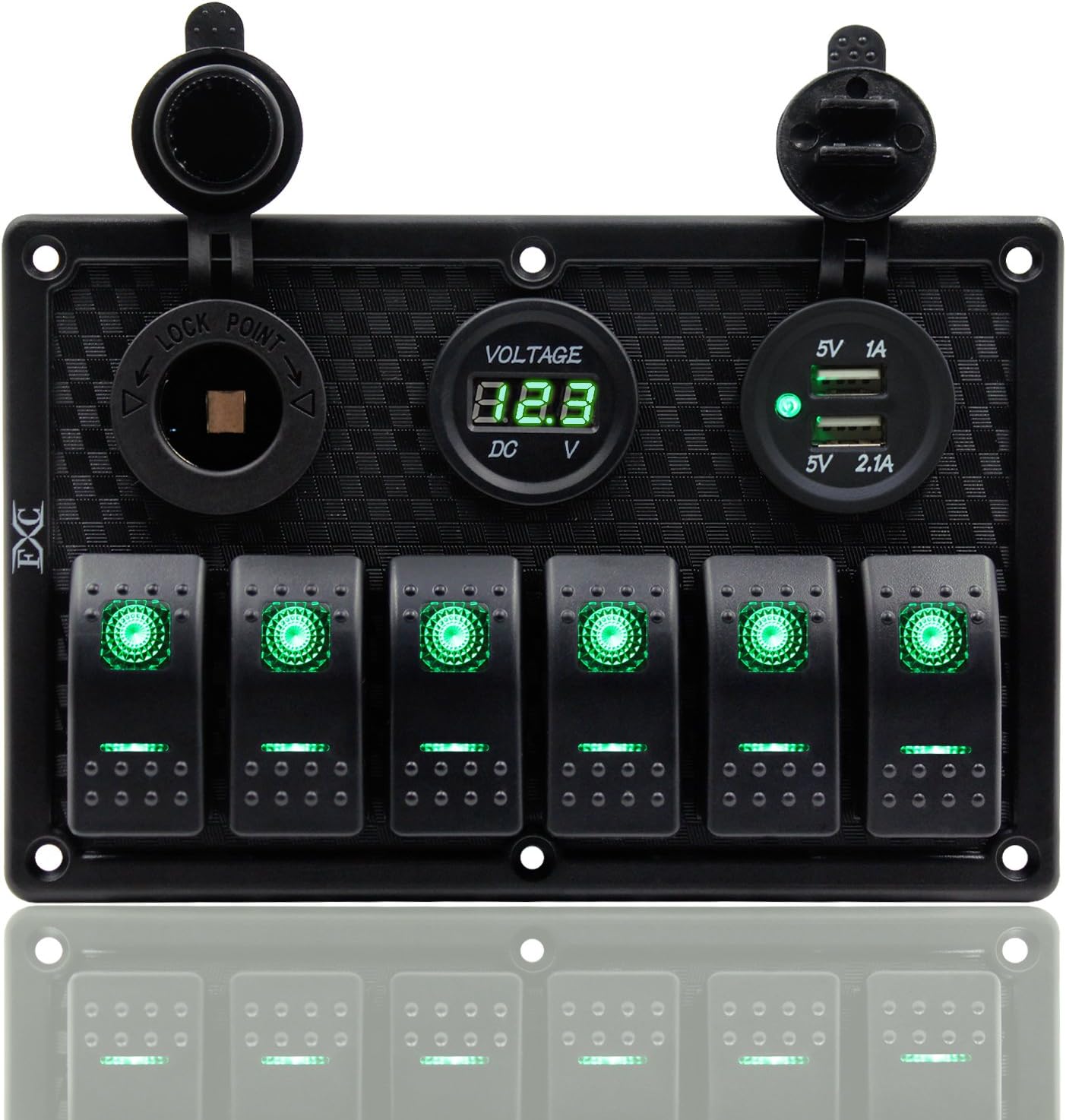 FXC Waterproof Marine Boat Rocker Switch Panel 6 Gang with Dual USB Slot Socket + Cigarette Lighter + Digital Voltage Display LED Light for Car Rv Vehicles Truck (6 Gang Green Light) : Sports & Outdoors