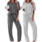Ekouaer 2 Pack Womens Pajama Sets Short Sleeve Tops and Long Pants Casual Comfy Pjs Lounge Set with Pockets,S-XXL