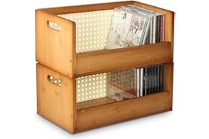 AIHSUMC 2 Set Bamboo CD Storage Box, Stackable CD Holder Racks Organizer Shelf for Movie Cases, DVDs, Cassette Tape Display Stand, Disc Holder with Carrying Handles