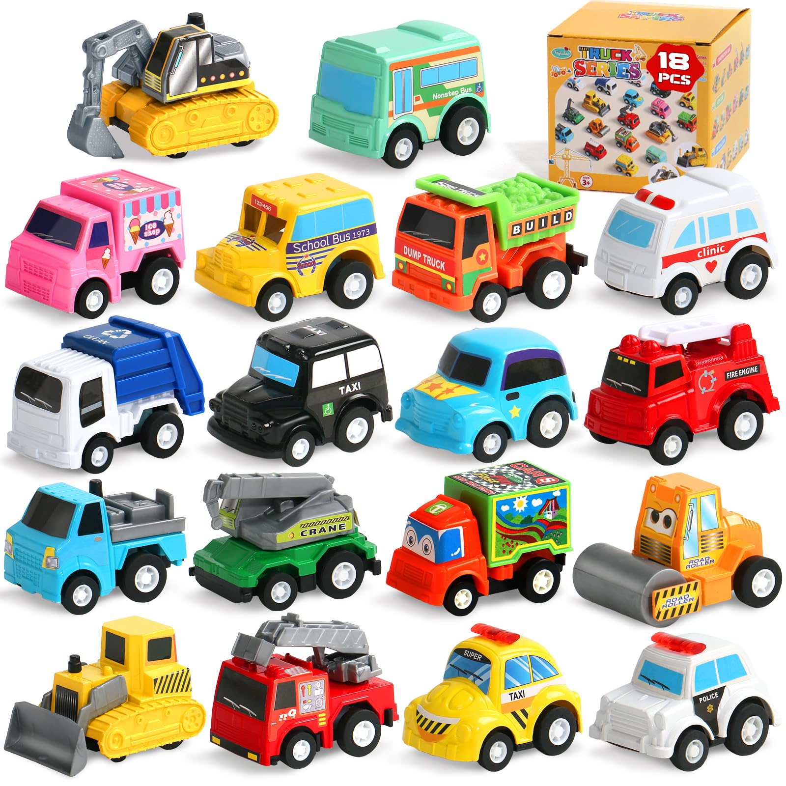 Fajiabao 18 PCS Toy Cars for Toddlers Mini Pull Back Cars Trucks Party Favors for Kids 3-5 Classroom Prizes Easter Egg Fillers Basket Stuffers Bulk & Goodie Bag & Pinata for 2 3 4 5 6 Boys Girls