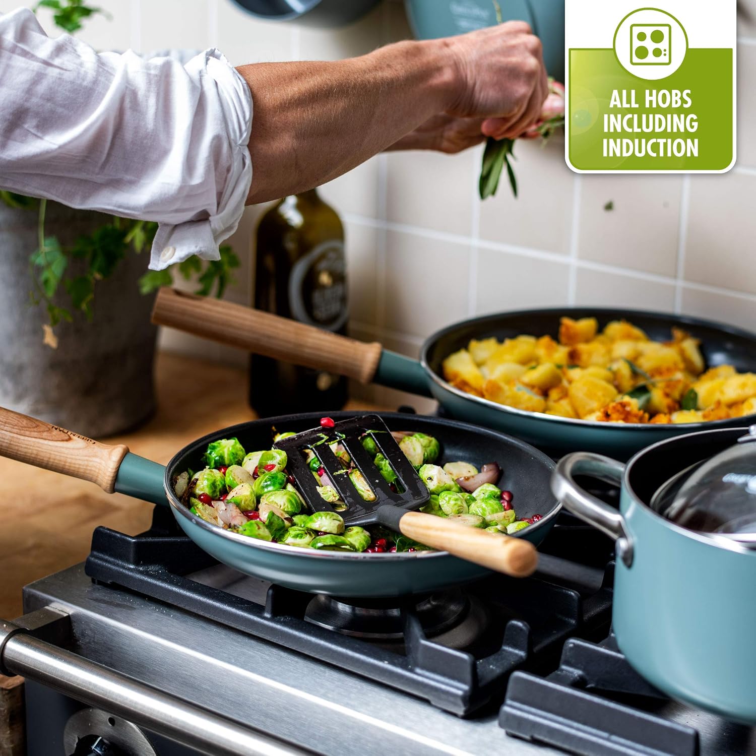 GreenPan, Mayflower Ceramic Non-Stick Frying Pan Set with Slotted Turner - 20 cm + 24 cm, Sky Blue - Image 3