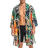 OLAOLA Men Lightweight Kimono Robe with Belt Japanese Style Robe Jacket Casual Open Front Long Cardigan Cape Coat Outwear