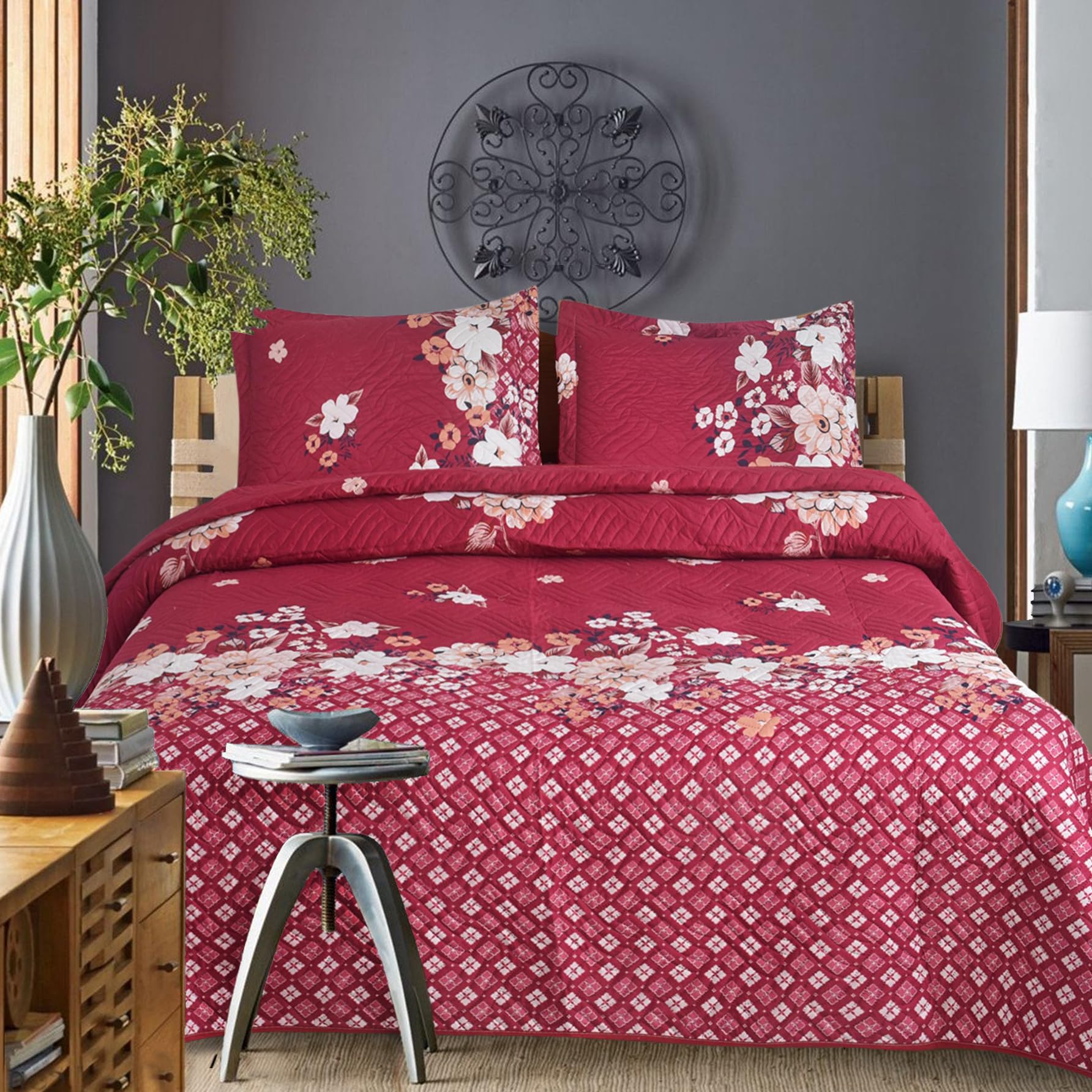 Hadi London 3Pcs Patchwork Quilted Bedspreads with 2 Shams | Reversible Floral Print | Lightweight Quilt Comfort | Fits Double and King Size Beds 220x240cm | 30 Unique Designs (MILAN-130)