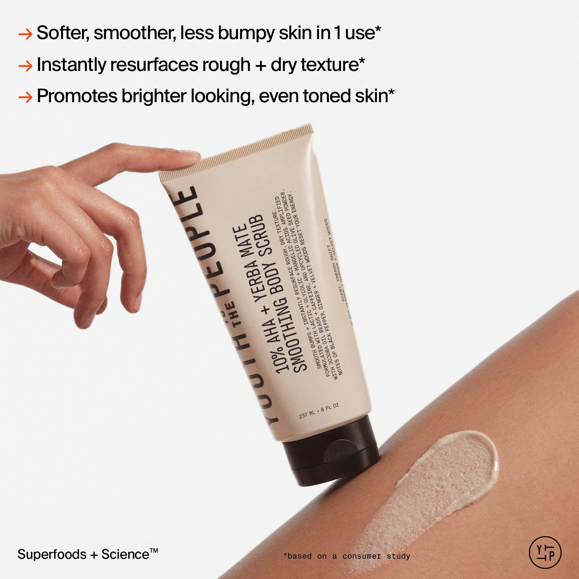 Youth To The People 10% AHA + Yerba Mate Smoothing Energy Body Scrub (8 fl oz), Exfoliates Rough Texture + Dry Skin, Suitable for Sensitive + Keratosis Pilaris Skin, Vegan