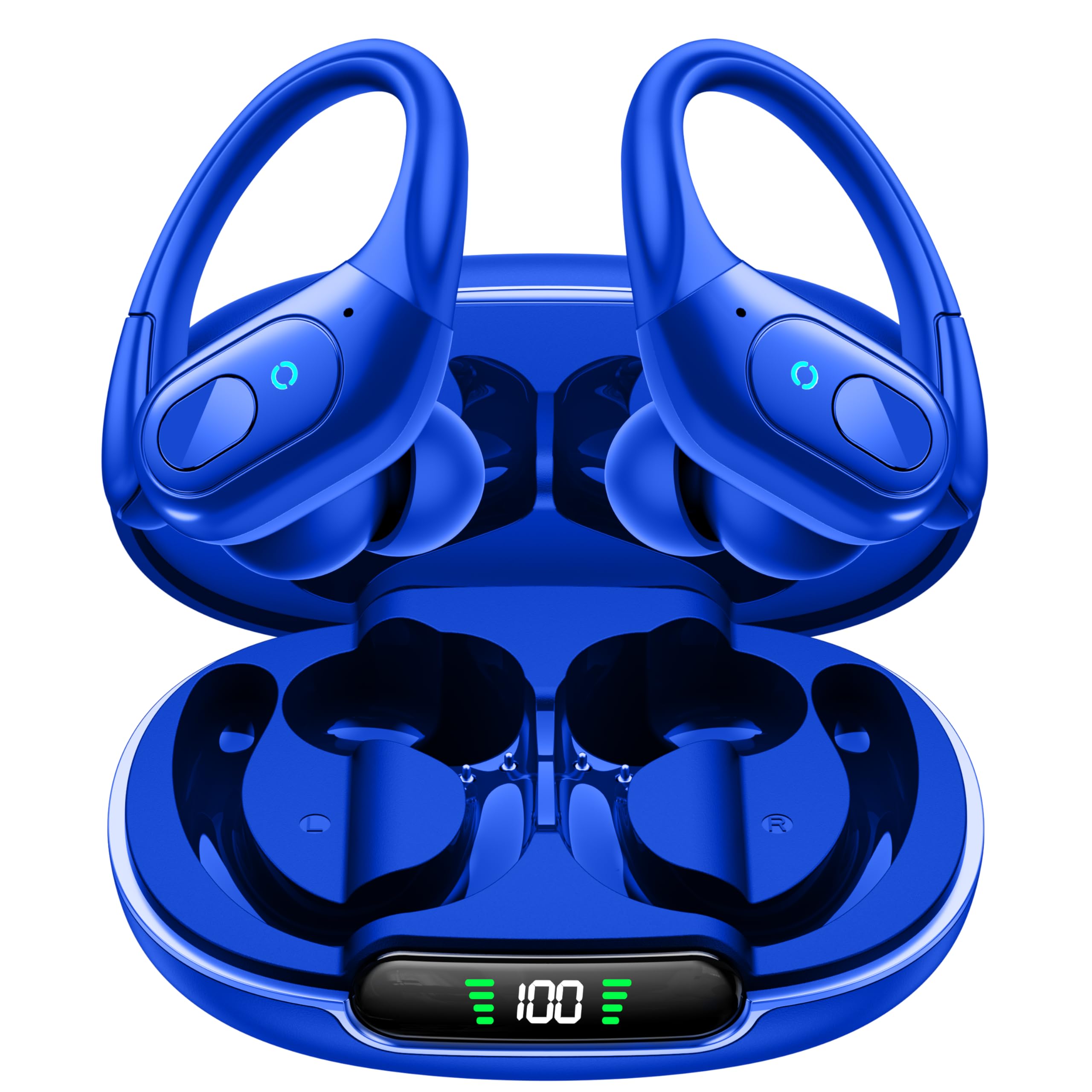 occiam Active Noise Cancelling Earbuds Wireless Bluetooth Headphones Ear Buds 90Hrs Playback Stereo Bass Earphones with Mic Over-Ear Hooks IPX7 Waterproof Headset for Work Sports Running Gym Navy Blue