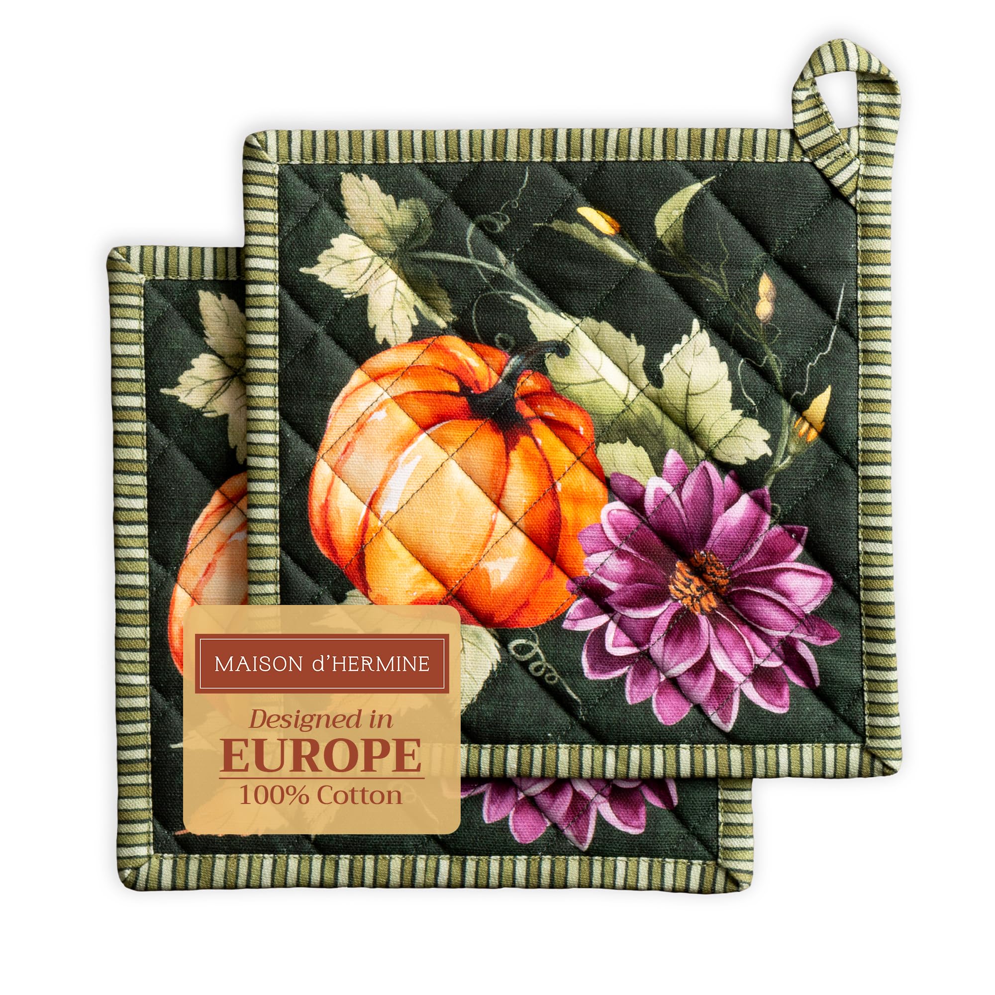 Maison d' Hermine Pot Holders Set 100% Cotton Heat Resistant Potholders 20 cm x 20 cm with Loop for Christmas Decorations BBQ Cooking Handling Hot Pans (Pack of 2, Pumpkin Garden - Dark Green)