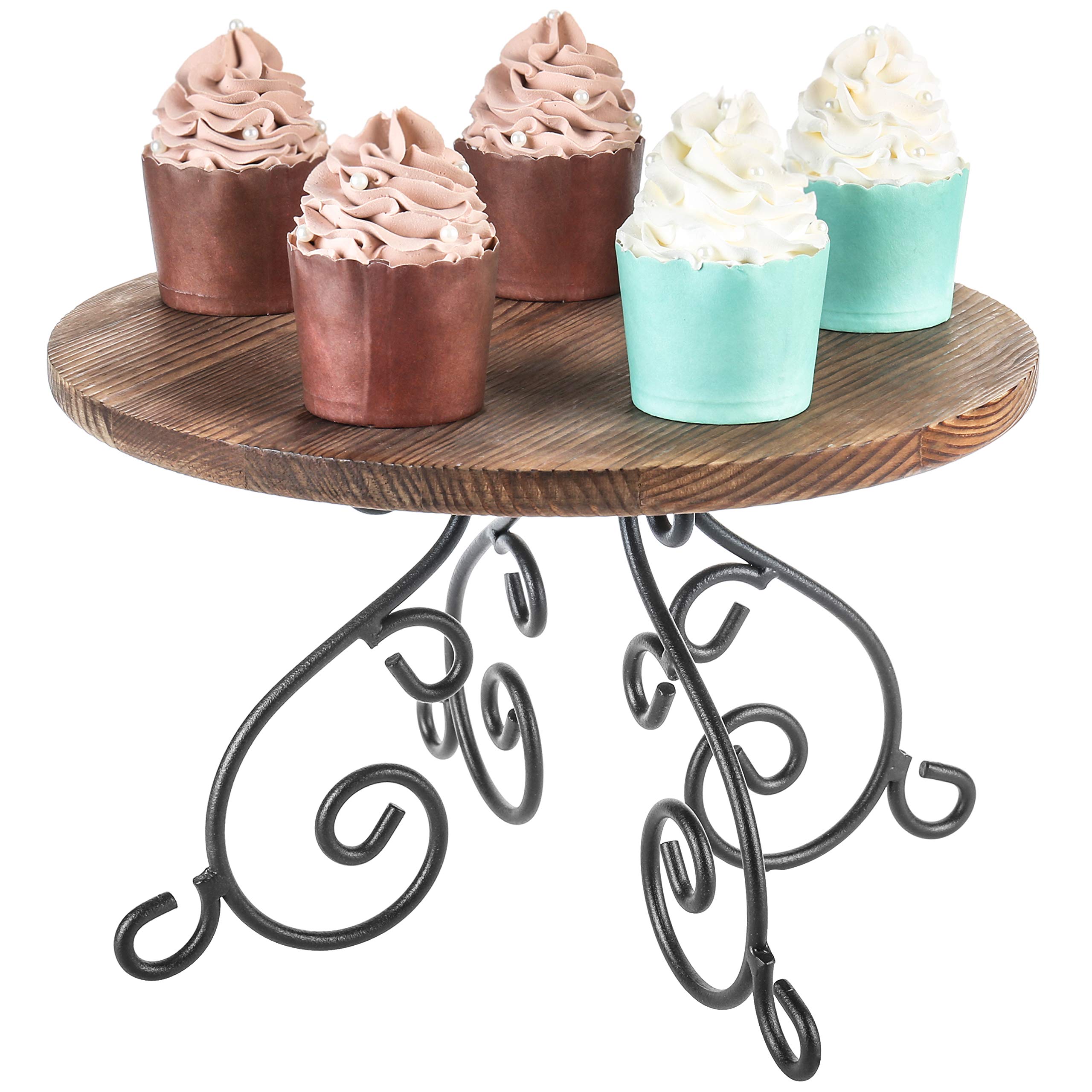 MyGift 12 Inch Wood Cake Stand, Black Metal Scrollwork Dessert Pedestal