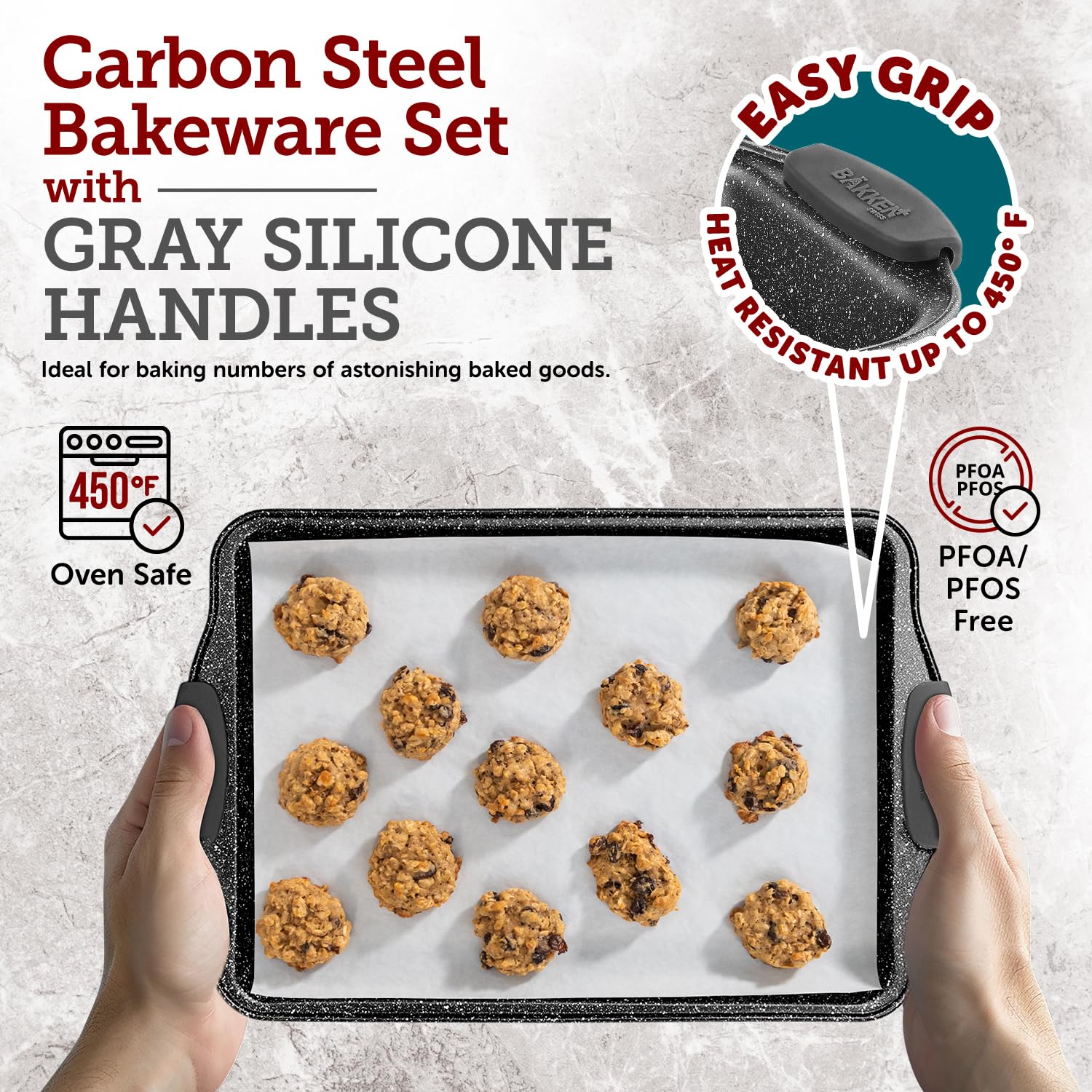 BAKKEN Cookie Sheets for Baking Nonstick Set - 3-Piece Stackable Carbon Steel Baking Sheet Pans Set with Silicone Handles, Non Toxic Cookie Sheets for Baking Bakeware Set - Gray Marble