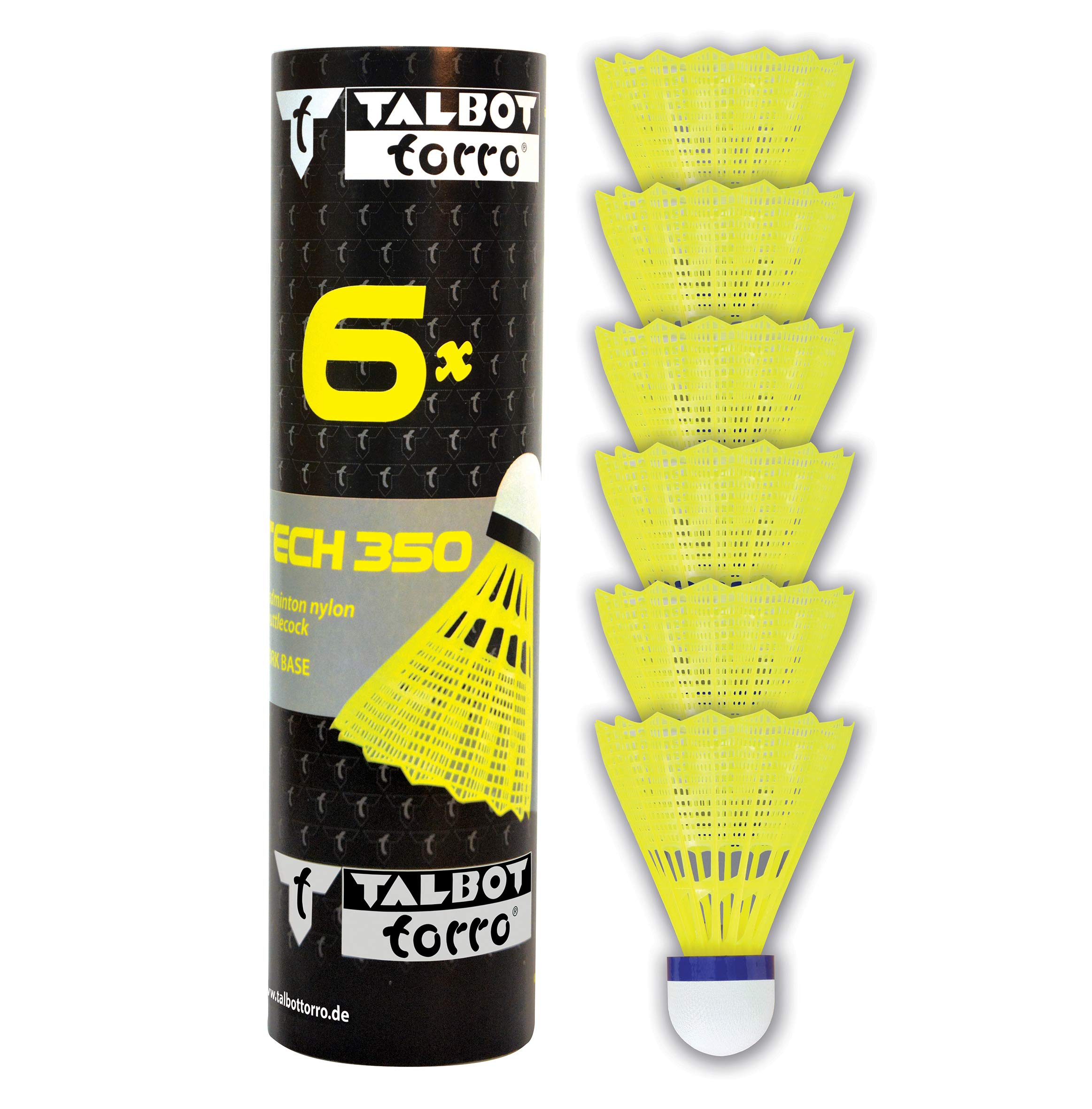 Talbot-Torro Badminton Schuttlecocks Tech 350, 6 Pieces Tin, Yellow, Speed: Blue / Medium, Nylon, 479103