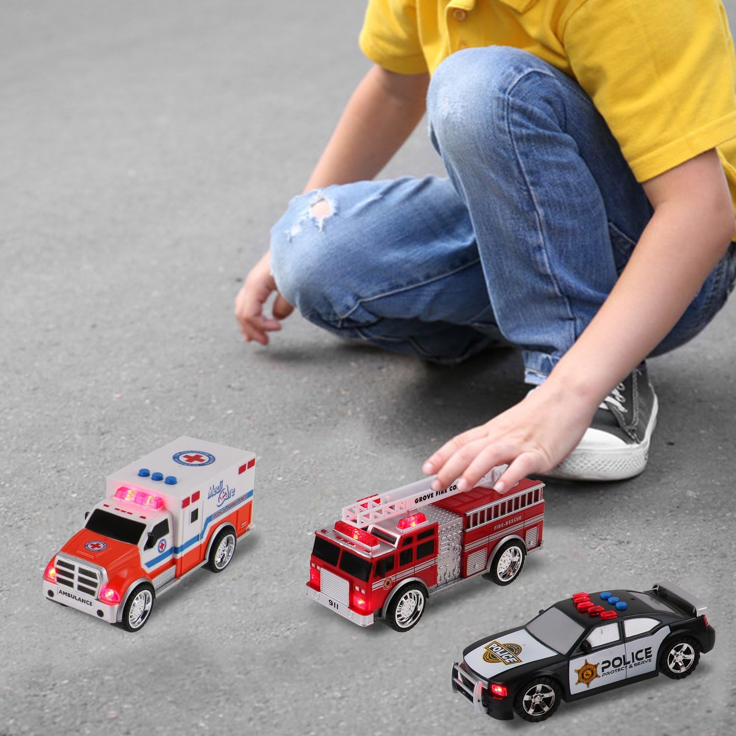 Liberty Imports 3-in-1 True Hero Emergency Rescue Vehicles Kids Toy Cars Playset - Ambulance, Fire Truck and Police Car with 3-Button LED Light and Sound Effects: Toys & Games