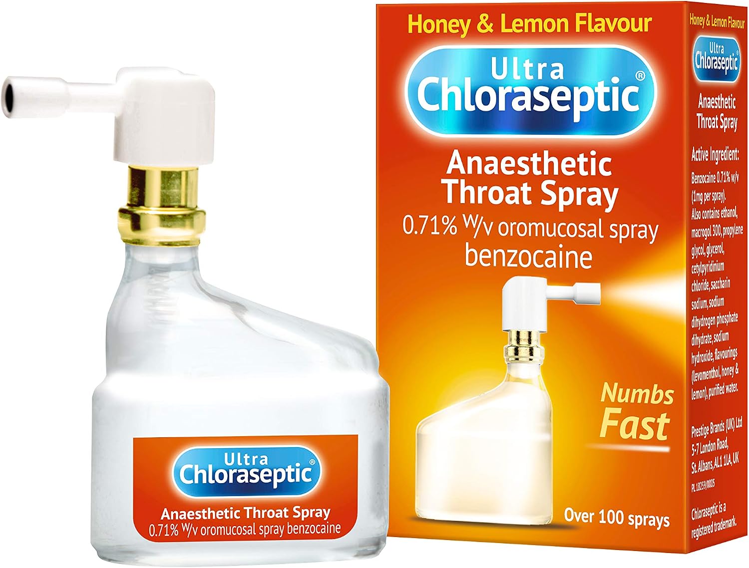 Ultra Chloraseptic Anaesthetic Throat Spray, 15 ml, Honey & Lemon Flavour, Fast Acting Relief for Sore Throat Pain