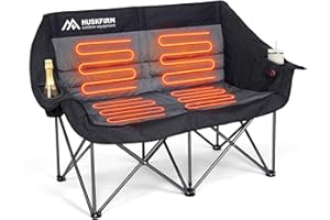 Huskfirm Heated Double Camping Chair, Heated Camping Chair with 3 Adjustable Temperatures and 4 Heating Zones,Portable Heated Chairs Outdoor Sports Support 650lbs（Battery Not Included）