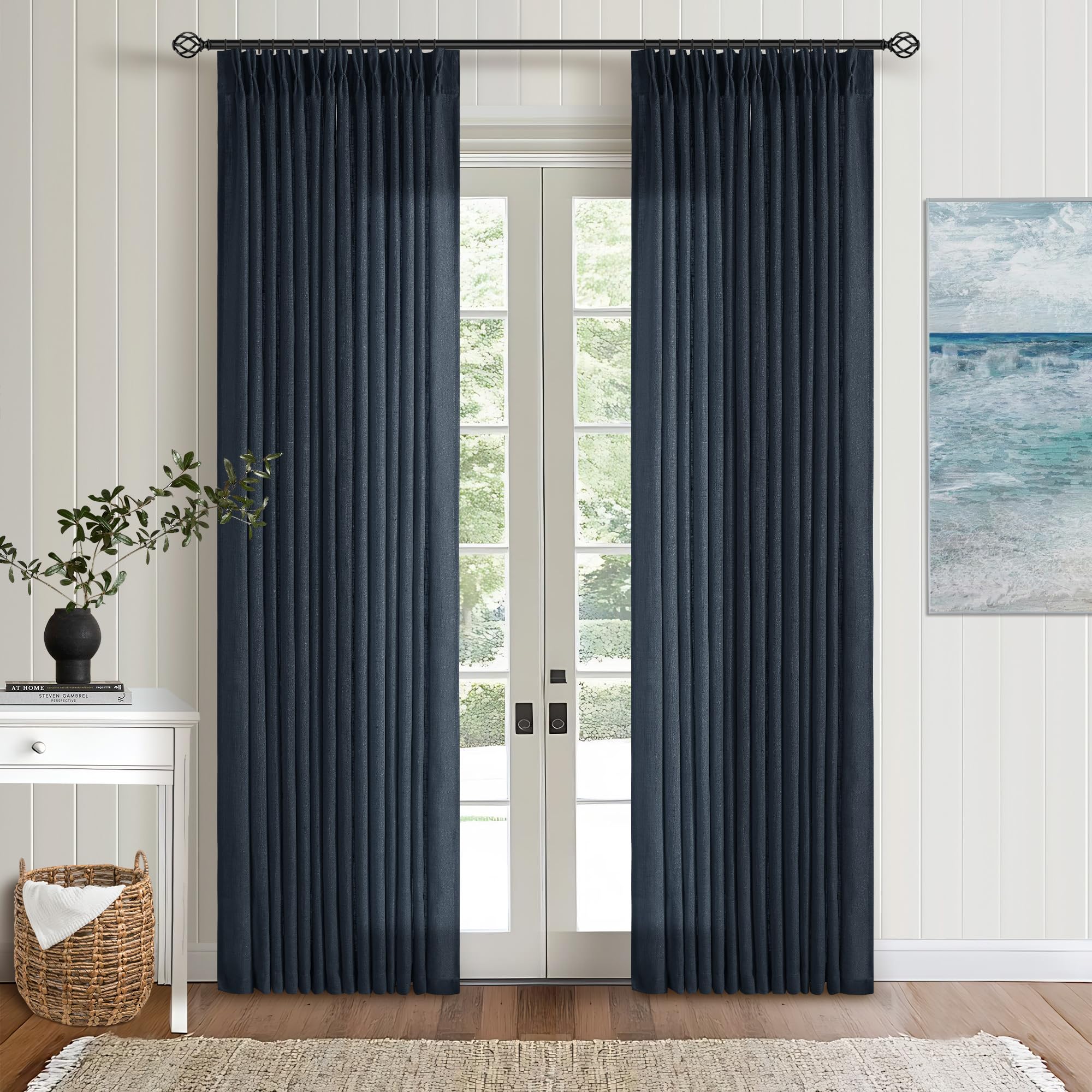 Photo 1 of Pinch Pleated Navy Linen Curtains 84 Inches Long 2 Panels Set for Living Room Dining Pinch Pleat Back Tab Light Filtering Farmhouse Boho Retro Window Curtain Drapes 84 Inch Length Dark Blue Indigo