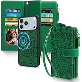 Harryshell 2 in 1 for iPhone 17 Pro Wallet Case Magnetic Compatible with Magsafe RFID Blocking Card Holder Detachable Phone Cover Zipper Purse Kickstand Wrist Strap for Men Women Floral Green