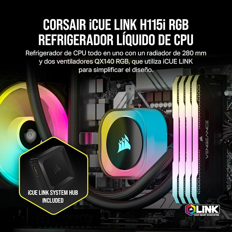 Cooler líquido para cpu corsair icue link h115i rgb rgb - 280mm aio - ventiladores qx140 rgb - compatível com intel® lga 1700, amd® am5 - hub de sistema icue link incluído - preto