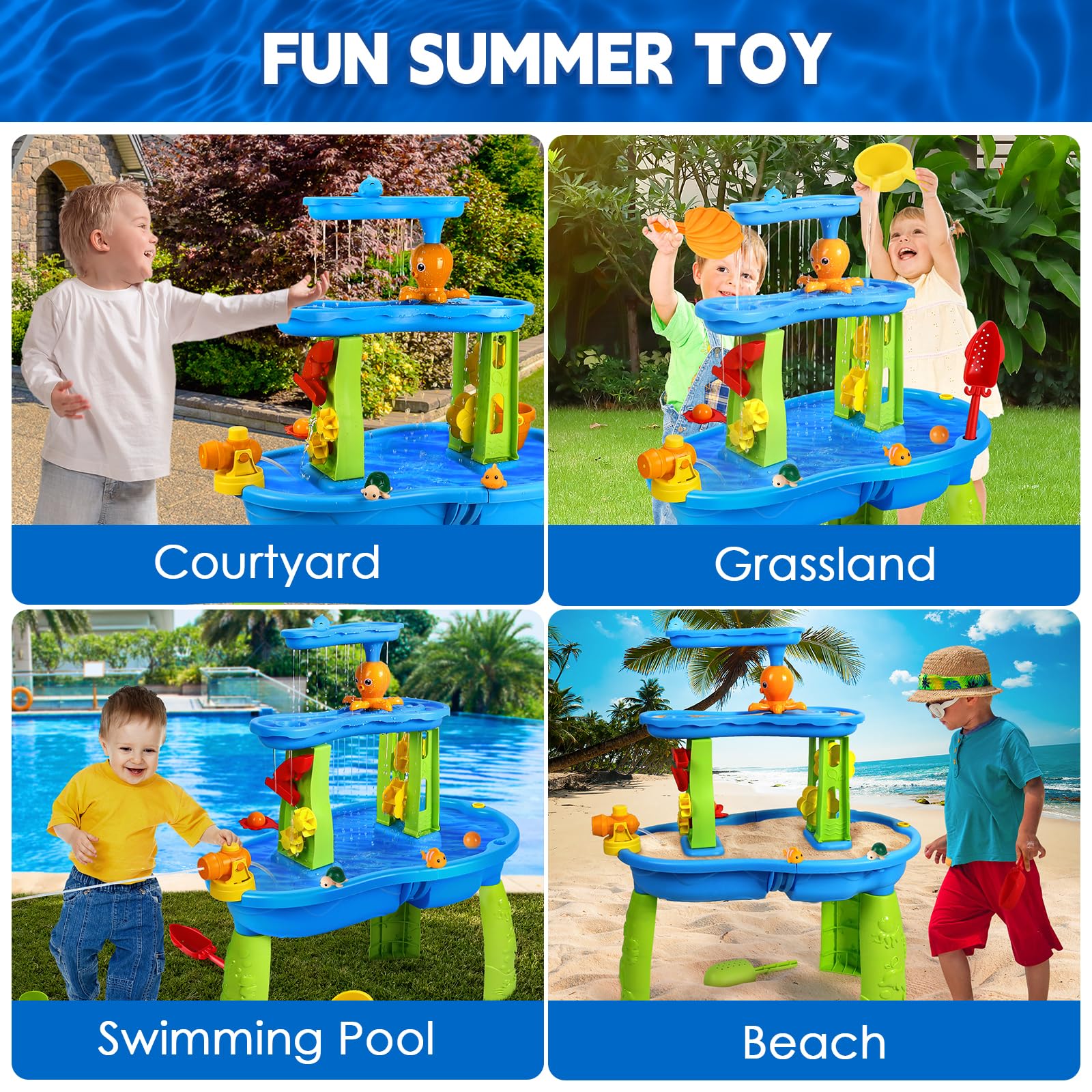 SUPER JOY Water Table for Toddlers 3-5 | 3-Tier Kids Water Table for Outdoors Play | Kids Activity Table Toddler Sand Table with Rain Showers Splash Pond for Boys Girls 3 4 5 6 7 8