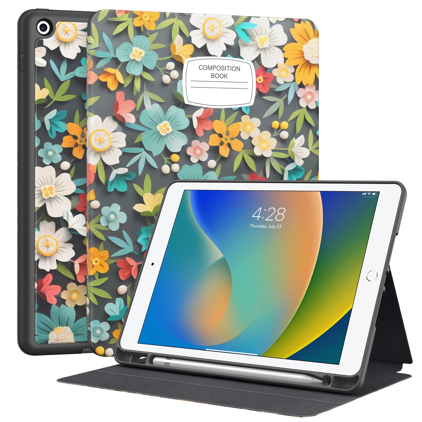 Photo 1 of Supveco Case for iPad 9th/8th/7th Generation 10.2 inch (2021/2020/2019 Model) with Pencil Holder, Premium Folio Stand Case with Auto Wake/Sleep,Soft TPU Back Shell Cover for iPad 10.2 Inch-Flower