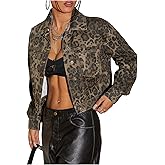 Floerns Women's Leopard Denim Jacket Long Sleeve Button Up Boyfriend Jean Jacket Coat