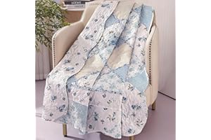 VIVILINEN Twin Size Patchwork Quilt Throw Blanket for Couch Sofa Blue Vintage Floral Reversible Lightweight Quilted Bedspread Coverlets Flowers Quilt Soft Garden Comforter Bed Cover for Bed Home Decor