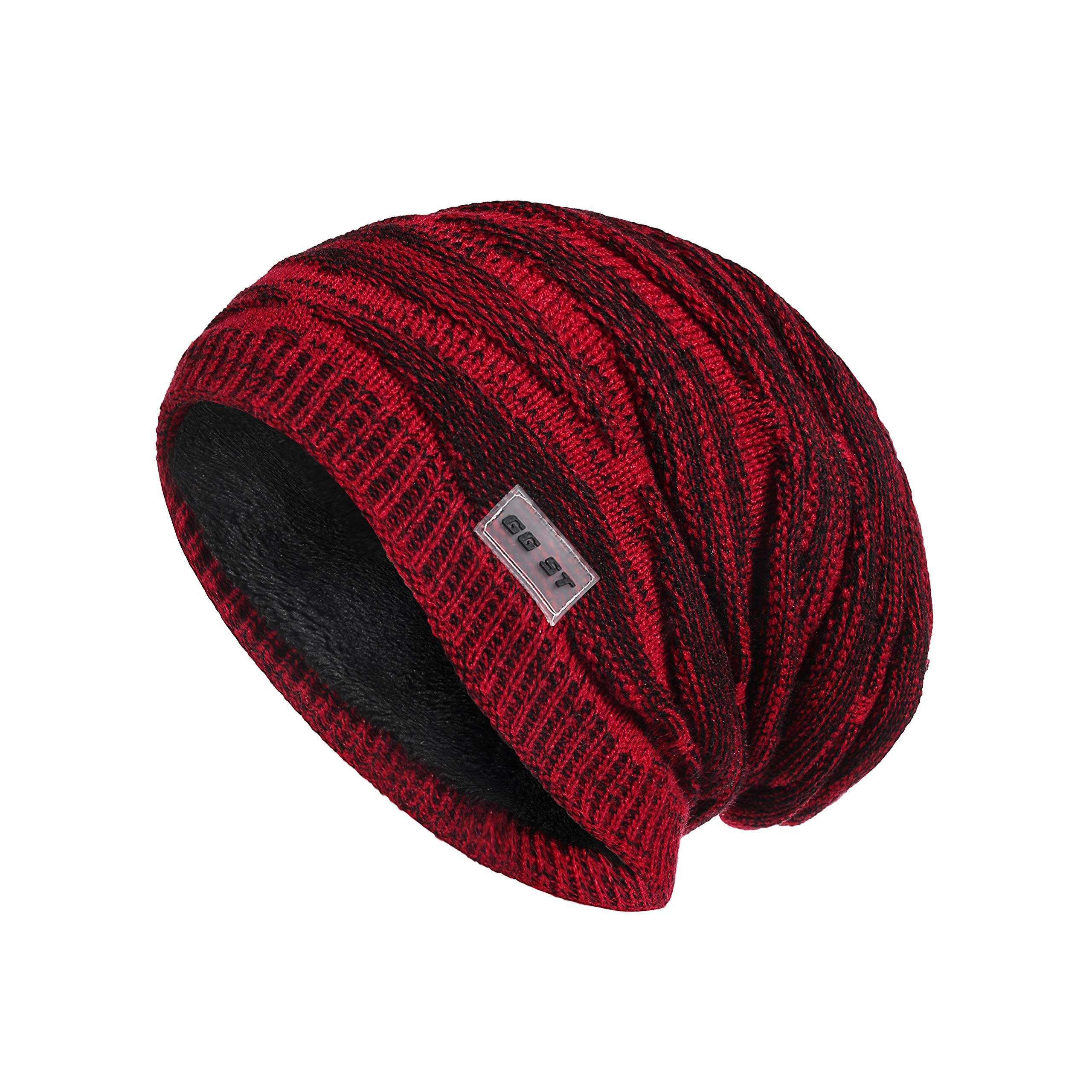GG ST Winter Knitted Hat Men & Women Beanie Fleece Lining Skully Cap Warm Ski Slouchy Hats Red Wine